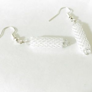 White Delica and Swarovski Tube earrings